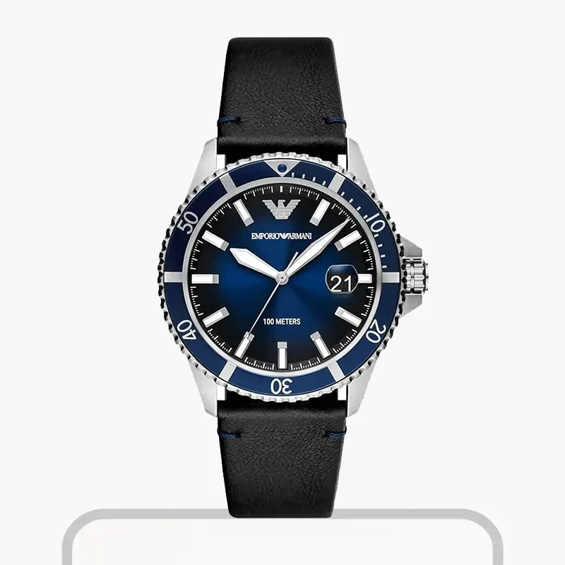 Emporio Armani Sea Explorer Blue Dial Black Leather Men's Watch- AR11516